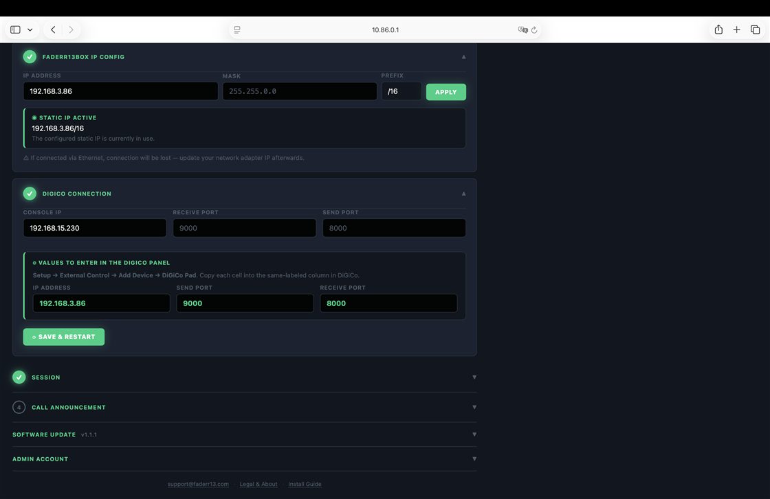 Faderr13 admin — DiGiCo connection
