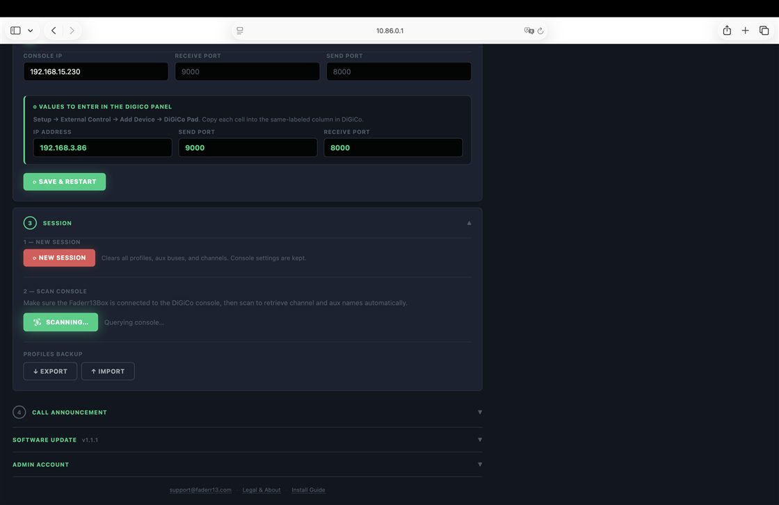 Faderr13 admin — scan console